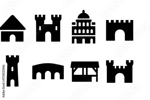 Ancient Buildings Icon Set. Solid, filled icon set of ancient buildings and settlements: hut, fortress, palace, wall, tower, bridge, marketplace, gate. Solid,