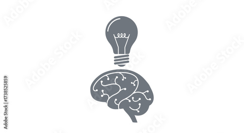 Brainstorming and innovative concept represented by a light bulb above the brain, a symbol for