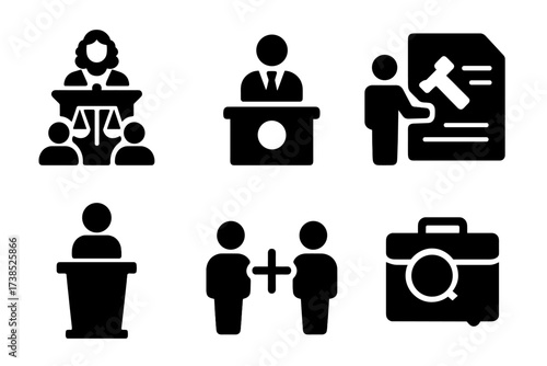 Court Procedure Icons. Solid, filled icon set of court procedures: trial, hearing, judgment, appeal, verdict, testimony, cross-examination, evidence. [Solid,