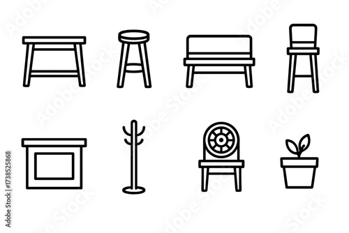 Pub Furniture Icons. Outline icon set of pub furniture: wooden table, bar stool, bench, high chair, counter, coat rack, dart shelf, planter. [Line icons in