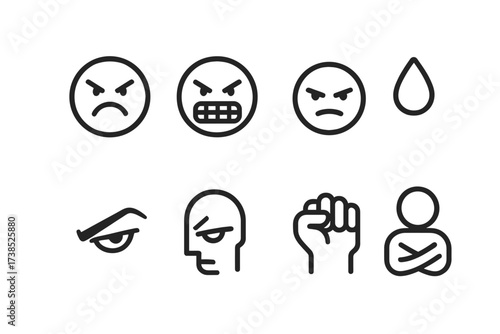 Ruthless Emotions Icons. Outline icon set of ruthless emotions: angry face, gritted teeth, clenched jaw, sweat drop, sharp eye, cold stare, clenched fist,