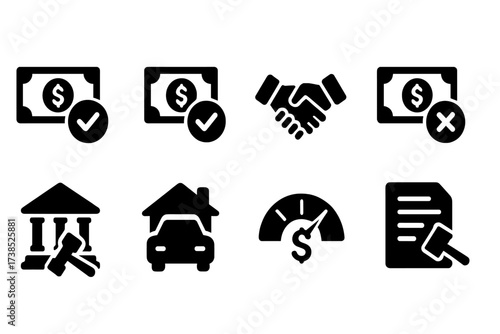 Financial Outcome Icons. Solid, filled icon set of collections outcomes: payment received, partial payment, settlement, write-off, court judgment,