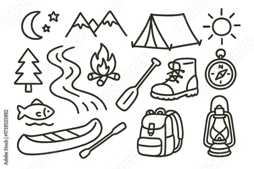 Wallpaper Mural Camping Adventure Icons. Hand-drawn doodle illustration River and camping tent, campfire, canoe, paddle, backpack, tree, fish, ripple, star, moon, mountain, Torontodigital.ca