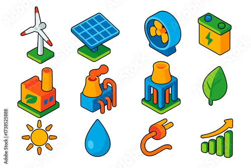 Renewable Energy Icons. Isometric vector illustration set Renewable Energy Mix: wind turbine, solar panel, hydro turbine, biomass