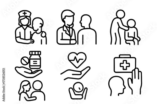 Healthcare Kindness Icons. Outline icon set of kindness in healthcare: nurse caring, doctor listening, patient support, medication reminder, wellness check,