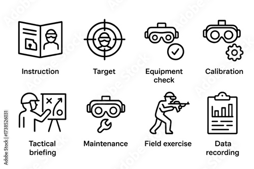 Night Vision Icons. Outline icon set of night vision training: instruction manual, target practice, equipment check, calibration, tactical briefing,