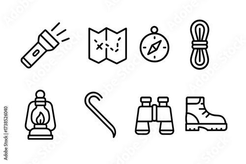 Secret Door Icons. Outline icon set of secret door exploration: flashlight, map, compass, rope, lantern, crowbar, binoculars, adventure boots. Line icons in
