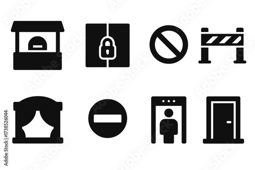 Closed Event Icons. Solid, filled icon set of closed event and venue icons: closed ticket counter, locked event hall, no entry sign, barrier tape, closed