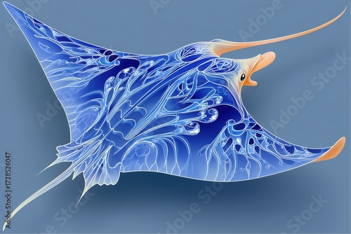 Stylized manta ray in vibrant blue and orange tones. An artistic rendition full of wonder. Marine life, aquatic art, underwater theme.