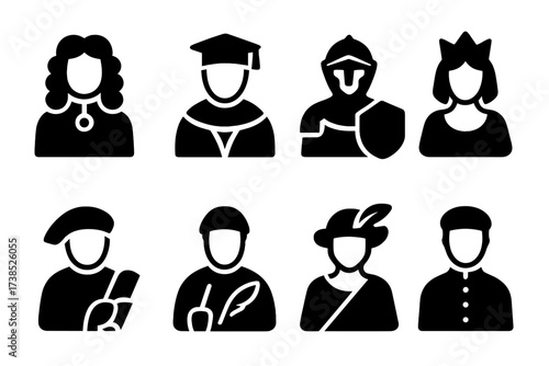 Court Officials Icons. Solid, filled icon set of court officials: judge, advisor, knight, queen, messenger, scribe, herald, chamberlain. Solid, filled icons in