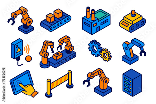 Industrial Automation Icons. Isometric vector illustration set Industrial Automation: robotic arm, conveyor belt, control panel,