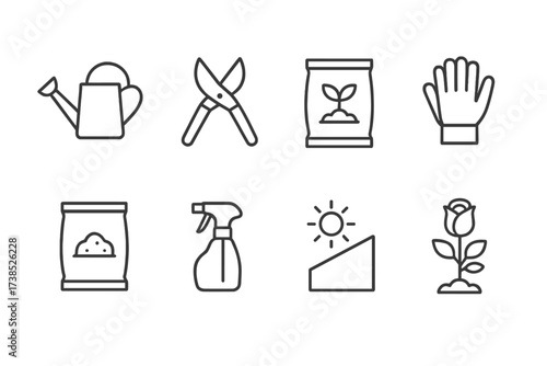 Rose Care Icons. Outline icon set of rose care: watering can, pruning shears, fertilizer bag, garden gloves, soil bag, spray bottle, sun protection, rose bush.