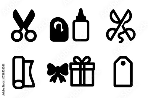 Wrapping Tools Icons. Solid, filled icon set of wrapping tools: scissors, tape dispenser, glue, ribbon cutter, wrapping paper roll, bow maker, wrapping box,