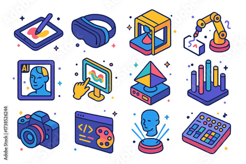 Art and Tech Icons. Art and technology. Colorful isometric vector icons set of art and technology: digital tablet with stylus, VR headset, 3D printer, robotic