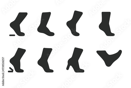 Feet Movement Icons. Solid, filled icon set of feet movements: walking, running, jumping, tiptoe, heel strike, stepping, dancing, kicking. Solid, filled icons