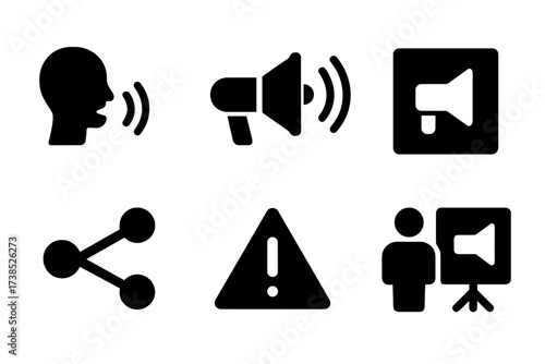 Announcement Action Icons. Solid, filled icon set of announcement actions: speaking, broadcasting, writing, posting, sharing, alerting, notifying, presenting.