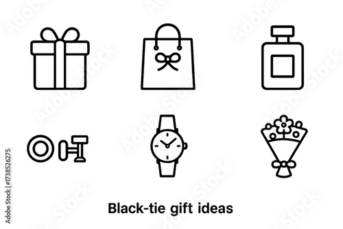 Black Tie Gift Icons. Outline icon set of black tie gift ideas: wrapped box, gift bag, jewelry box, perfume bottle, cufflink set, watch, luxury pen, bouquet.