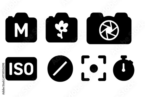 Camera Mode Icons. Solid, filled icon set of camera modes and functions: manual mode, auto mode, aperture priority, shutter priority, ISO icon, white balance,