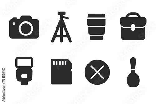 Photographer Tools Icons. Solid, filled icon set of photographer tools: DSLR camera, tripod, lens, camera bag, flash unit, memory card, lens cap, cleaning