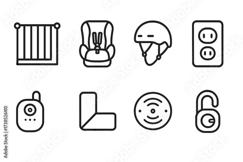 Baby Safety Icons. Outline icon set of baby safety: baby gate, car seat, safety helmet, outlet cover, baby monitor, corner protector, smoke detector, child