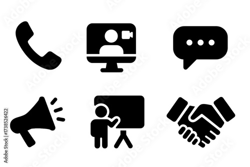Office Communication Icons. Solid, filled icon set of office communication: phone call, video conference, chat, email, announcement, feedback, presentation,