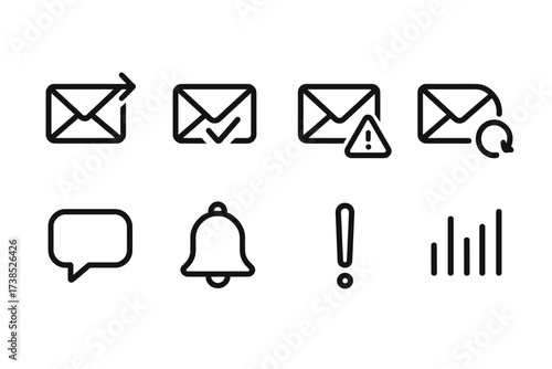SMS Icon Set. Outline icon set of SMS delivery status: sent message, delivered checkmark, failed alert, retry icon, message bubble, notification