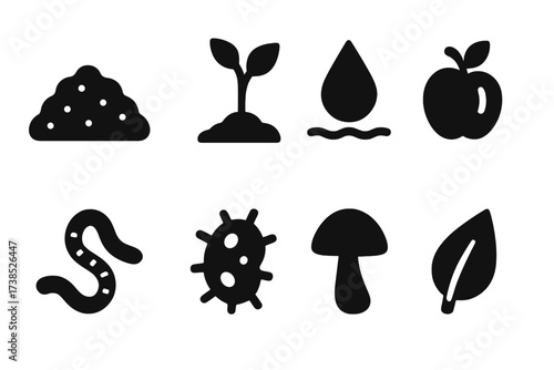 Compost Benefits Icons. Solid, filled icon set of compost benefits: soil enrichment, plant growth, water retention, waste reduction, earthworm, bacteria,
