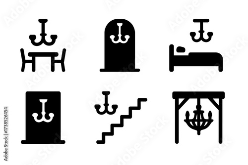 Chandelier Icons Grid. Solid, filled icon set of chandelier placements: dining room chandelier, foyer chandelier, bedroom chandelier, bathroom chandelier,