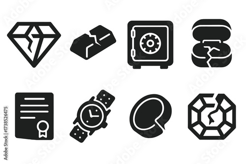 Worthless Valuables Icons. Solid, filled icon set of worthless valuables: cracked diamond, broken gold bar, empty safe, torn jewelry box, faded certificate,