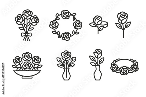 Rose Arrangement Icons. Outline icon set of rose arrangements: bouquet, wreath, corsage, boutonniere, centerpiece, vase arrangement, rose garland, flower