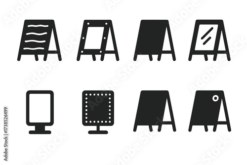 Menu Material Icons. Solid, filled icon set of menu board materials: wood, metal, plastic, glass, digital screen, LED panel, chalkboard surface, magnetic