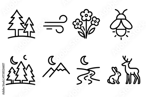Quiet Night Icons. Outline icon set of quiet night nature: still forest, gentle breeze, firefly, nighttime flowers, silhouetted trees, calm
