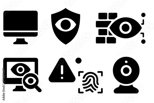Digital Watcher Icons. Solid, filled icon set of digital watcher symbols: computer monitor, shield with eye, firewall, data eye, magnifying glass on screen,