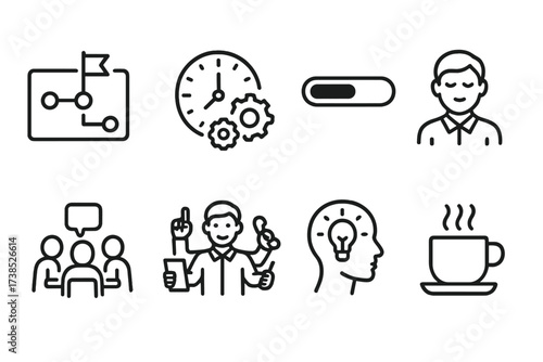 Patience Icon Set. Outline icon set of patience in work: project timeline, clock with gears, progress bar, calm worker, meeting, multitasking, brainstorming,