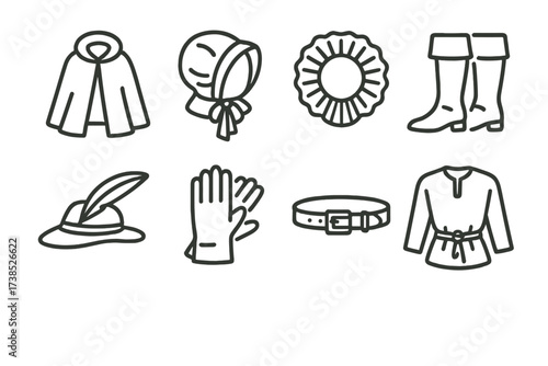 Old World Fashion Icons. Outline icon set of old world clothing and fashion: cloak, bonnet, ruff collar, boots, feather hat, gloves, belt, tunic. Line icons in