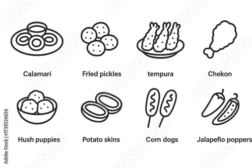 Fried Bar Food Icons. Outline icon set of fried bar food: calamari, fried pickles, tempura, fried chicken, hush puppies, potato skins, corn dogs, jalapeno