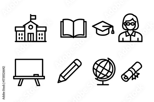 Education Icon Set. Outline icon set of education in raising: school building, book, graduation cap, teacher, chalkboard, pencil, globe, diploma. Line icons in