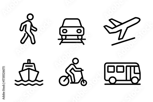Transport Icon Set. Outline icon set of transportation movement: walking pedestrian, car on road, train on track, airplane takeoff, ship sailing, bike ride,