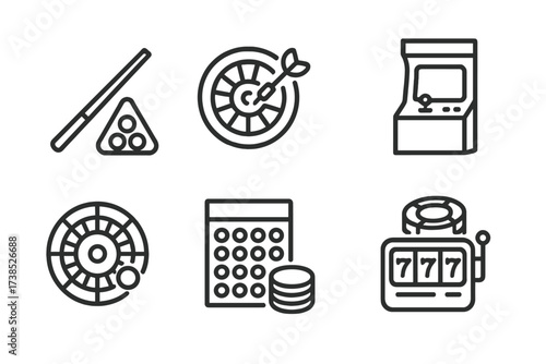 Bar Games Icons. Outline icon set of themed bar games: pool cue, dartboard, cards, arcade machine, roulette wheel, bingo card, poker chips, slot machine. [Line