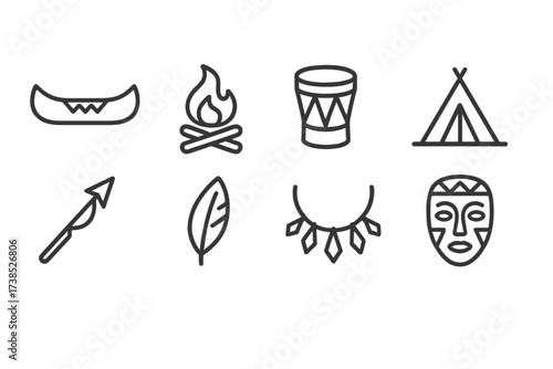 Tribal Lifestyle Icons. Outline icon set of tribal lifestyle: canoe, campfire, drum, tent, fishing spear, feather, necklace, mask. Line icons in only black