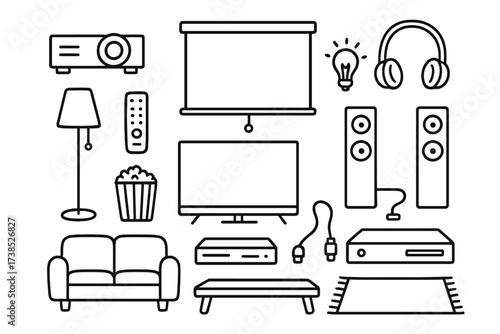Home Theater Icons. Hand-drawn doodle illustration home theater setup TV, speakers, remote control, sofa, popcorn, DVD player, cables, projector, screen, lamp,