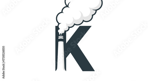 Letter K logo design with industrial chimney and smoke creating air pollution effect concept