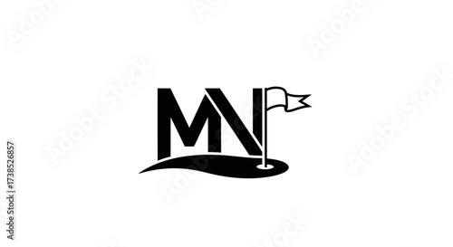 Elegant golf logo design featuring the letters MN with a flag and putting green illustration
