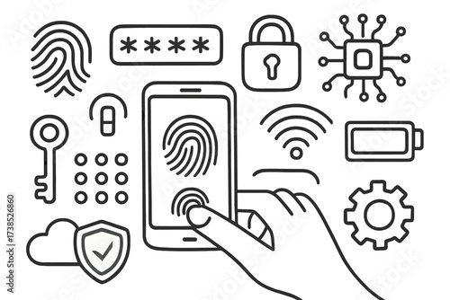 Smartphone Security Icons. Hand-drawn doodle illustration unlock technology smartphone, fingerprint scanner, password, digital lock, key, keypad, circuit,