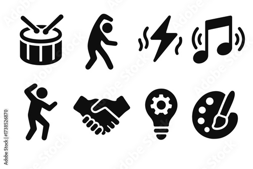Groove Emotion Icons. Solid, filled icon set of groove emotions and symbolism: rhythm, flow, energy, vibe, movement, dance, connection, creativity. Solid,