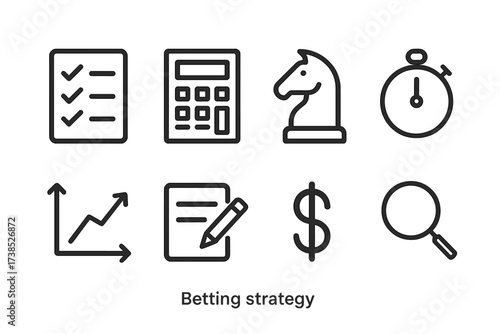 Betting Strategy Icons. Outline icon set of betting strategy: checklist, calculator, chess knight, stopwatch, graph, notes, dollar sign, magnifying glass. Line