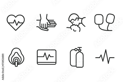 CPR and First Aid Icons. Outline icon set of CPR and resuscitation: heart with pulse, CPR hands, mouth-to-mouth, defibrillator pads, breathing mask, emergency