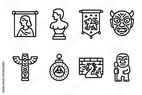 Mythology Icon Collection. Outline icon set of mythological art: fresco, sculpture, tapestry, mask, totem, amulet, mural, carving. Line icons in only black