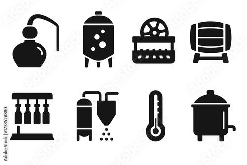 Tequila Equipment Icons. Solid, filled icon set of tequila production equipment: distillation pot, fermentation tank, crushing mill, storage barrel, bottling