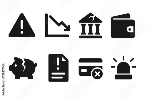 Financial Crisis Icons. Solid, filled icon set of financial distress: warning triangle, falling graph, bank building with cracks, empty wallet, broken piggy